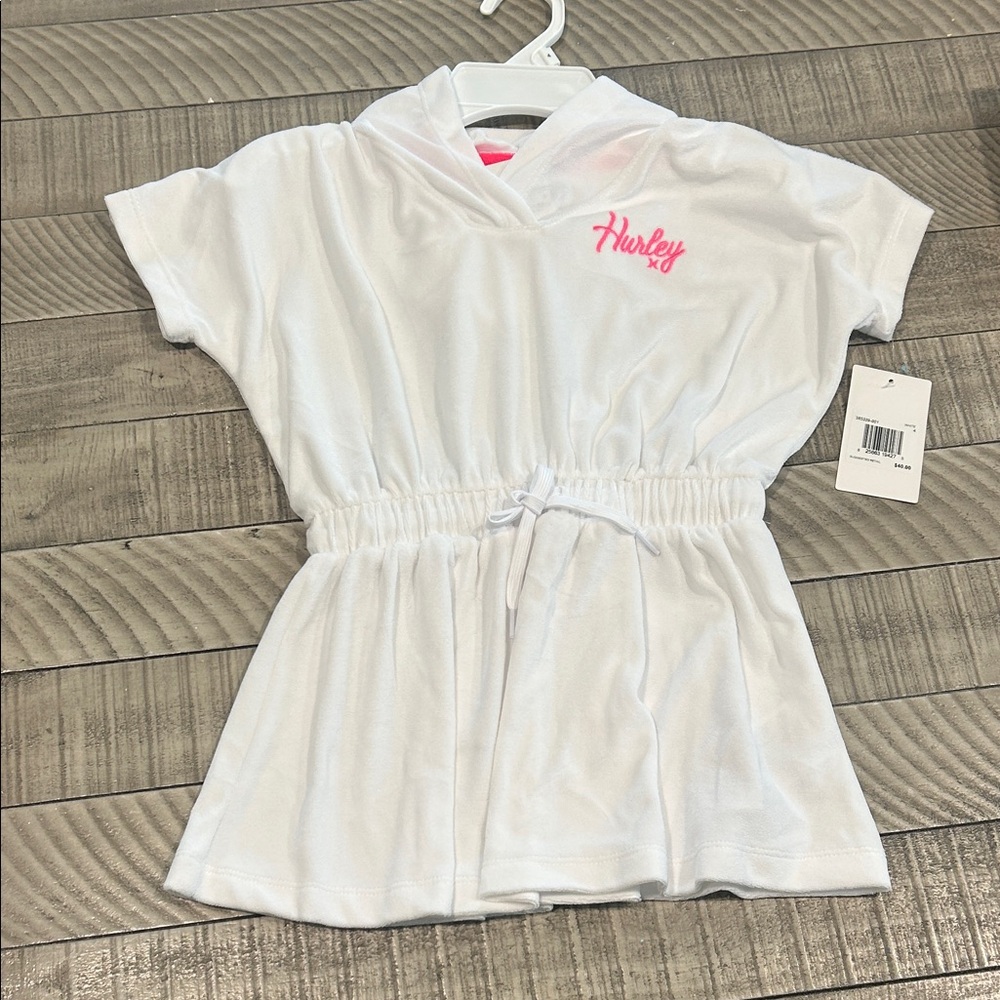 Hurley White Kids Hooded Swim Coverup with Pink Logo